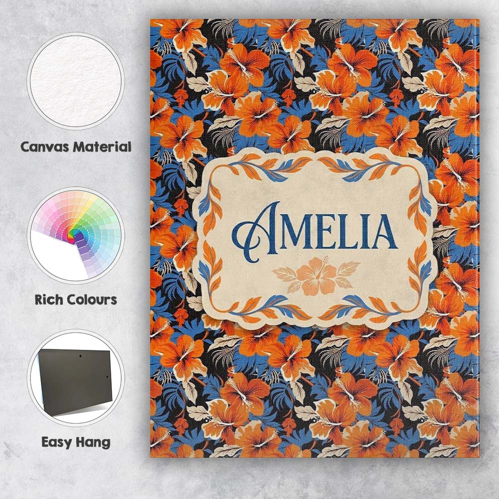 Personalised Name Bold Orange Hibiscus Dark Custom Bespoke Interior Contemporary Canvas Wall Art Print Decor Picture Ready to Hang