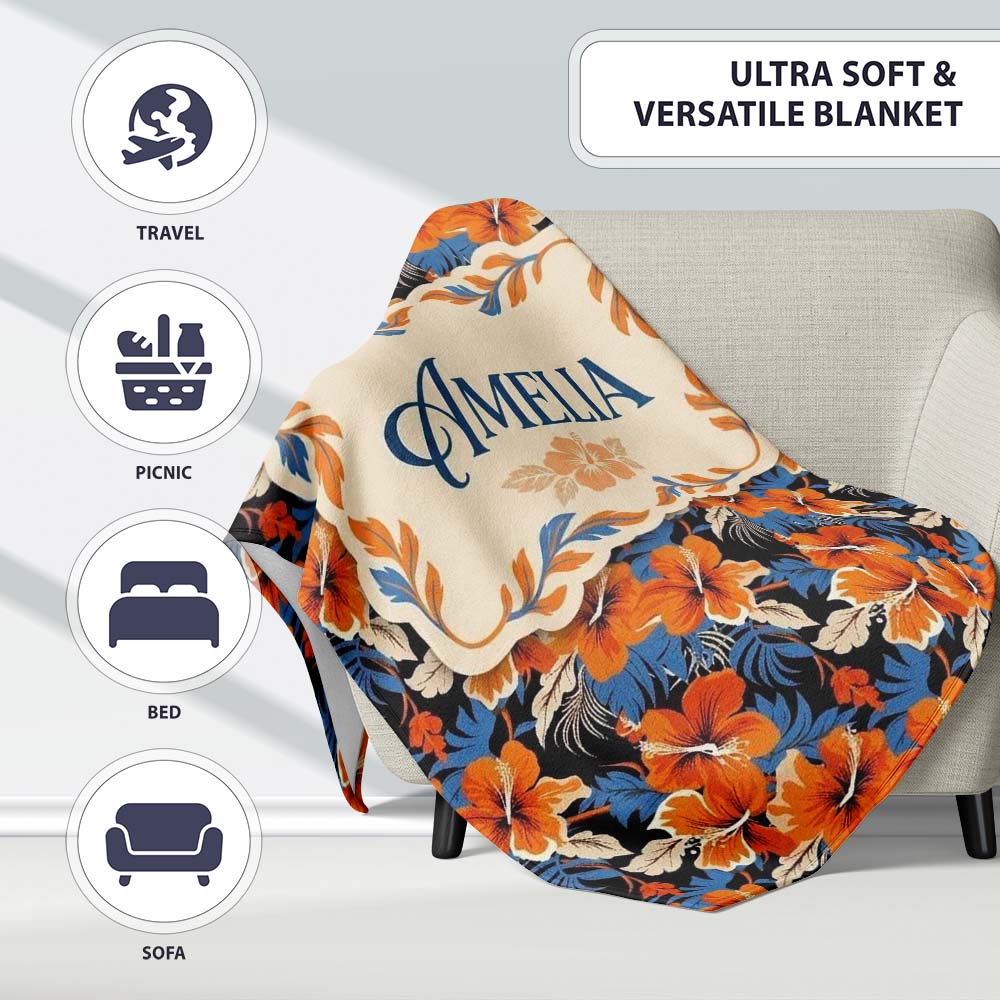 Bold Orange Hibiscus Dark Tropical Floral Seamless Pattern Name Cute Personalised Custom Name Super Soft Fleece Blanket Bed Sofa Throw