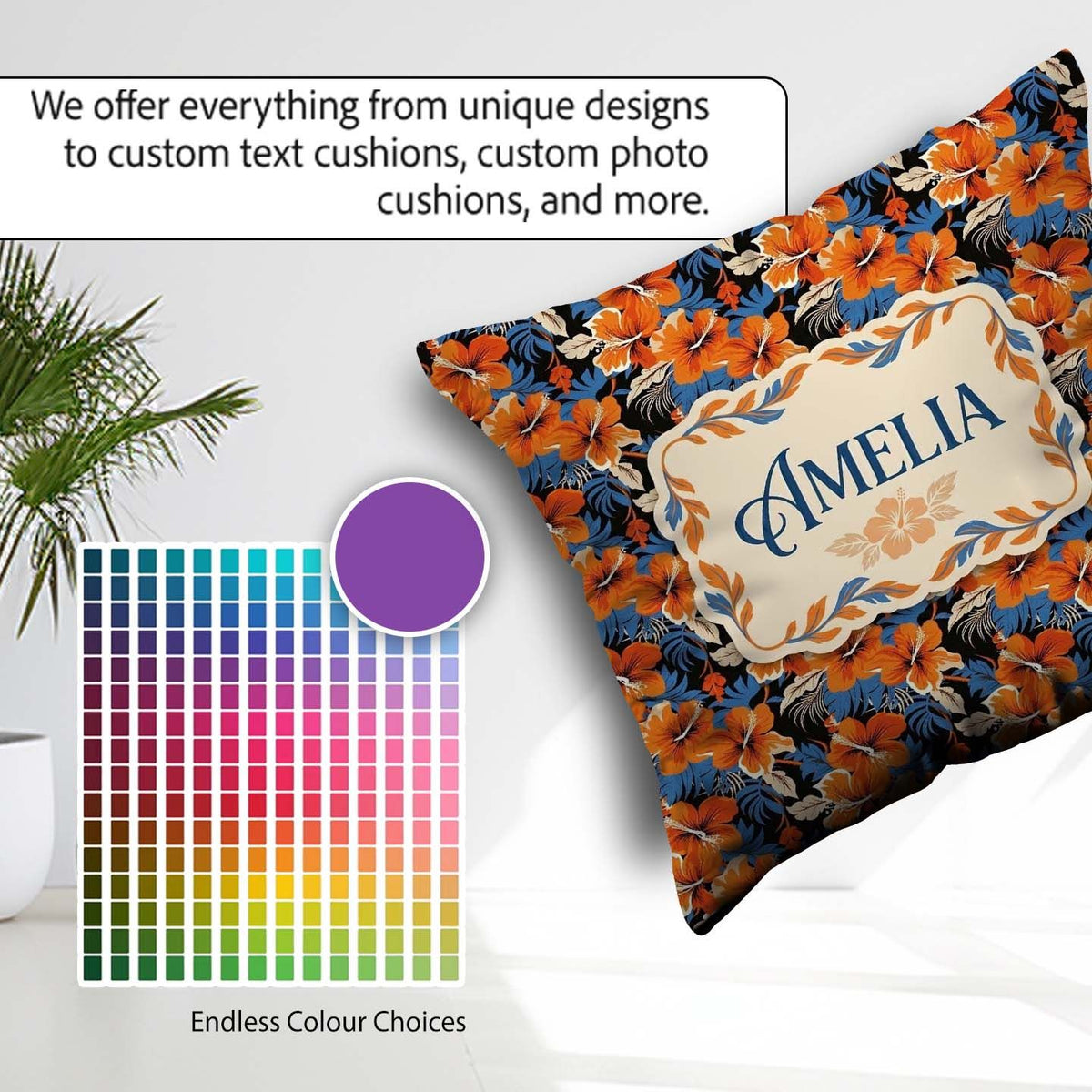 Custom Name Bold Orange Hibiscus Dark Tropical Pattern Name Cute Square Filled Cushion Throw Pillow Sofa Bed Home Decor Zip Washable UK Made