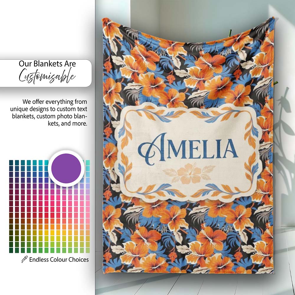 Bold Orange Hibiscus Dark Tropical Floral Seamless Pattern Name Cute Personalised Custom Name Super Soft Fleece Blanket Bed Sofa Throw