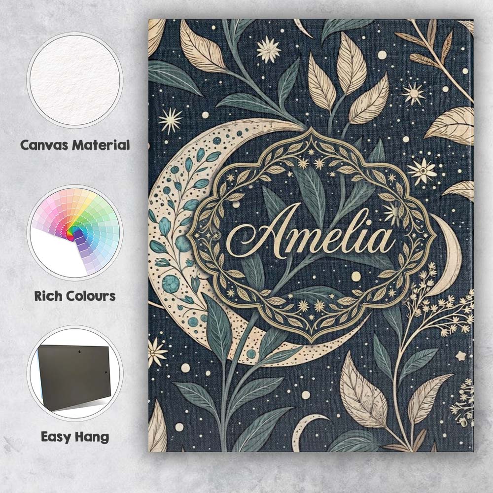 Personalised Name Botanical Crescent Moon Leaves Starry Night Custom Contemporary Display Canvas Wall Art Print Decor Picture Ready to Hang