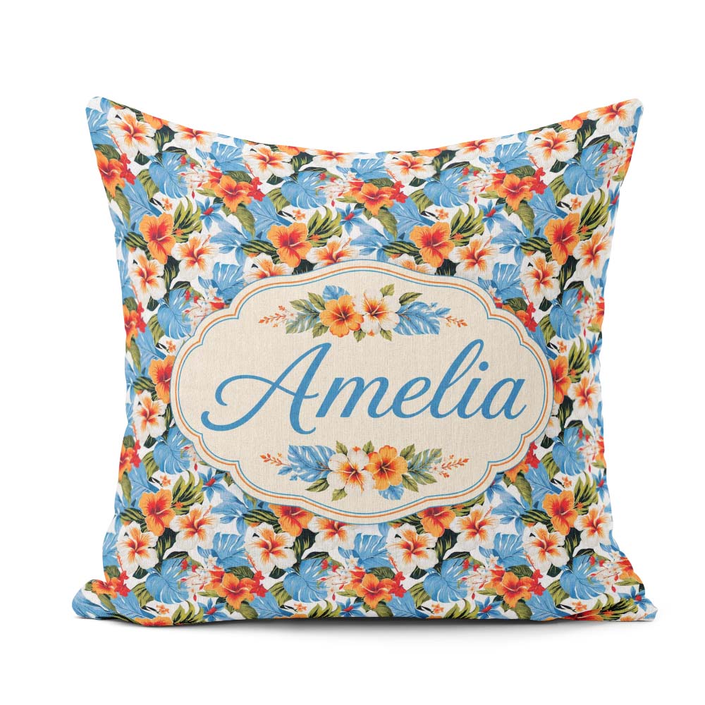 Custom Name Exotic Island Hibiscus Ocean Scenic Seamless Pattern Square Filled Cushion Throw Pillow Sofa Bed Home Decor Zip Washable UK Made