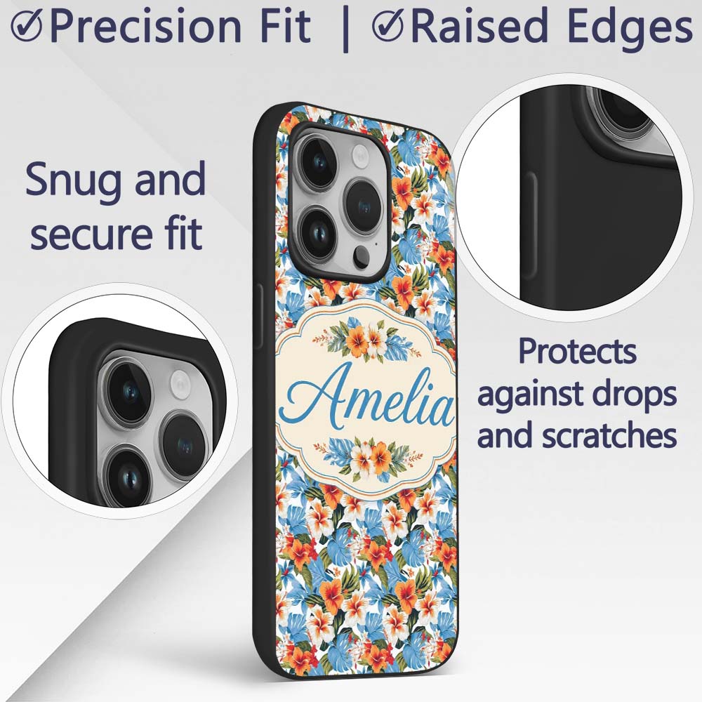 Exotic Island Hibiscus Ocean Wave Scenic Seamless Custom Name Protective Phone Case Mobile Cover Durable Everyday Smartphone Shock Resistant