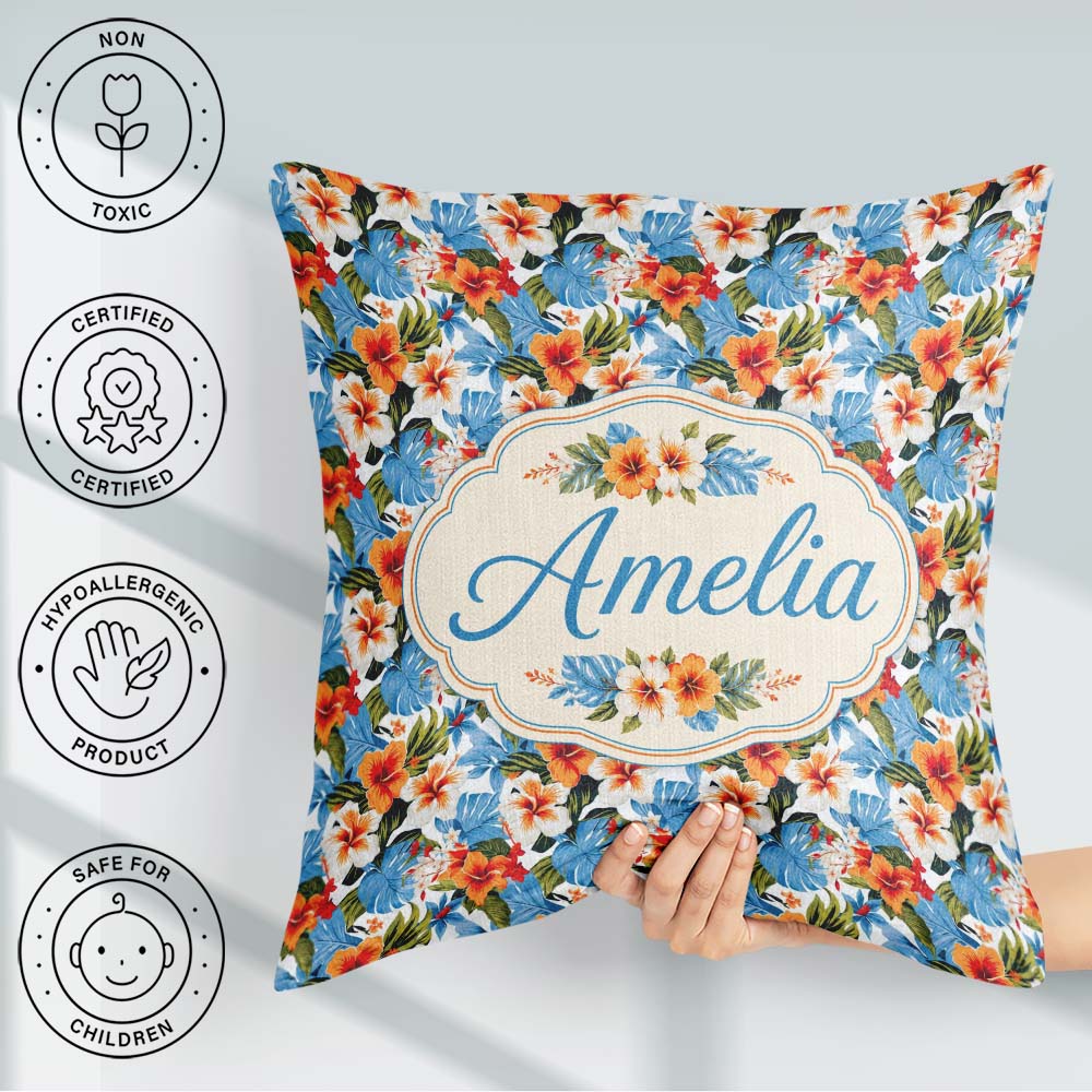Custom Name Exotic Island Hibiscus Ocean Scenic Seamless Pattern Square Filled Cushion Throw Pillow Sofa Bed Home Decor Zip Washable UK Made