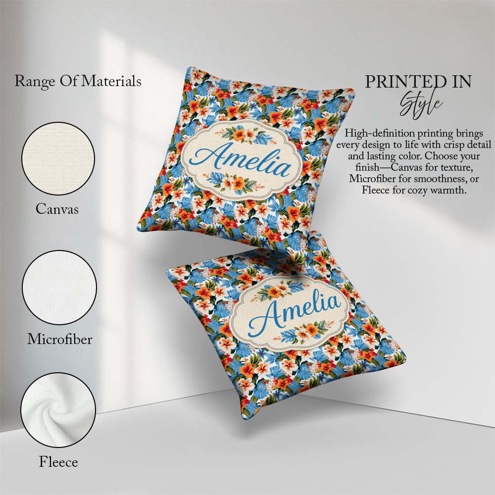 Custom Name Exotic Island Hibiscus Ocean Scenic Seamless Pattern Square Filled Cushion Throw Pillow Sofa Bed Home Decor Zip Washable UK Made