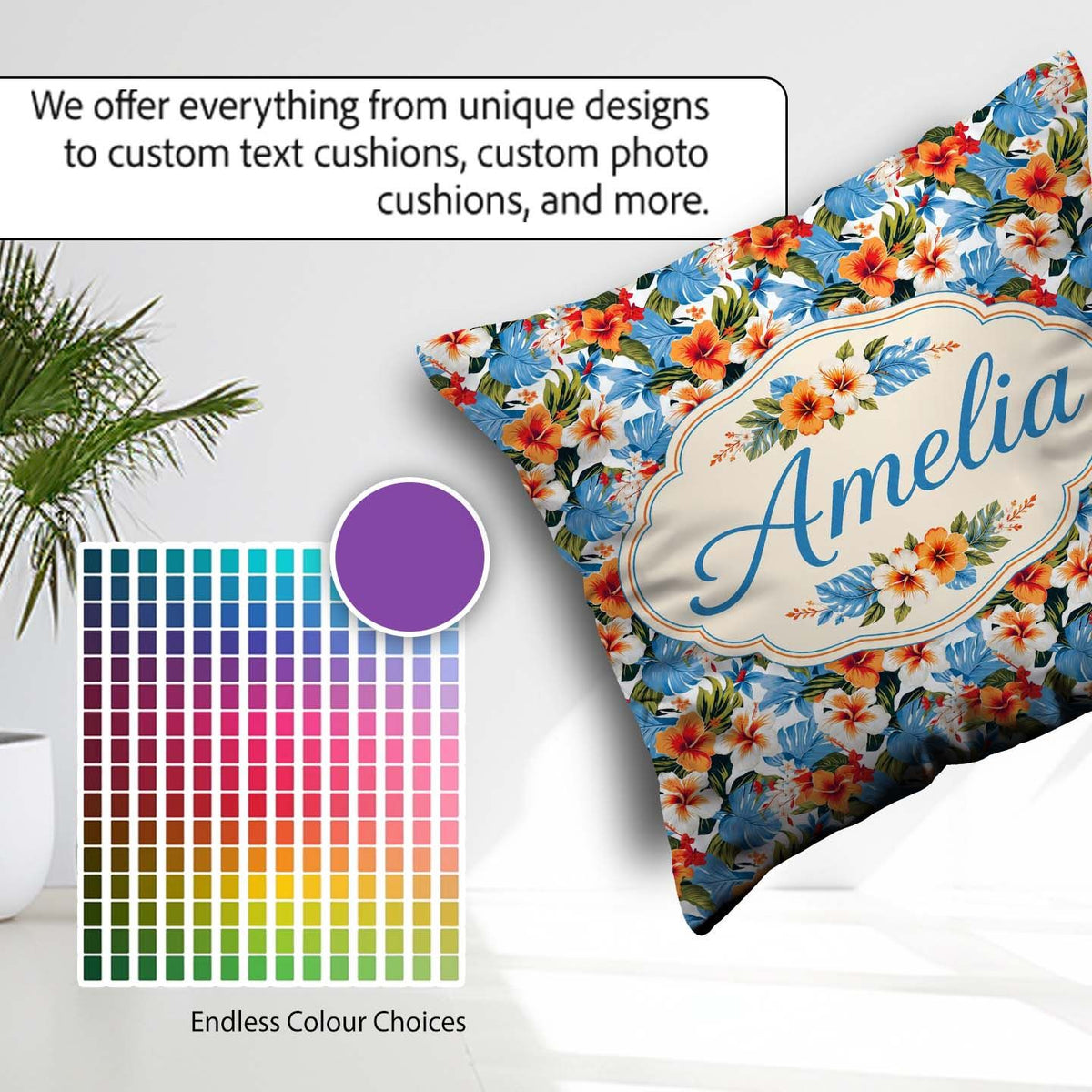 Custom Name Exotic Island Hibiscus Ocean Scenic Seamless Pattern Square Filled Cushion Throw Pillow Sofa Bed Home Decor Zip Washable UK Made