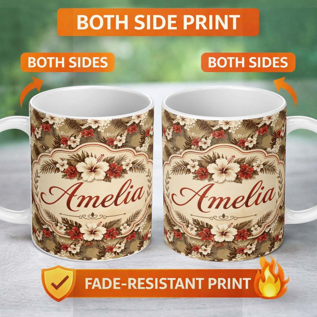 Personalized Custom Name Vintage Beige Red Hibiscus Tropical Floral Seamless Pattern Name 11oz Ceramic Coffee Tea Mug White Large Handle