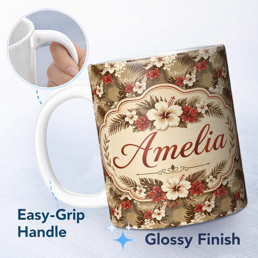 Personalized Custom Name Vintage Beige Red Hibiscus Tropical Floral Seamless Pattern Name 11oz Ceramic Coffee Tea Mug White Large Handle