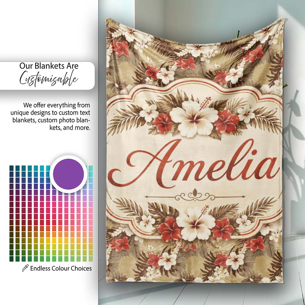 Vintage Beige Red Hibiscus Tropical Floral Seamless Pattern Name Personalised Custom Name Super Soft Fleece Blanket Bed Sofa Throw