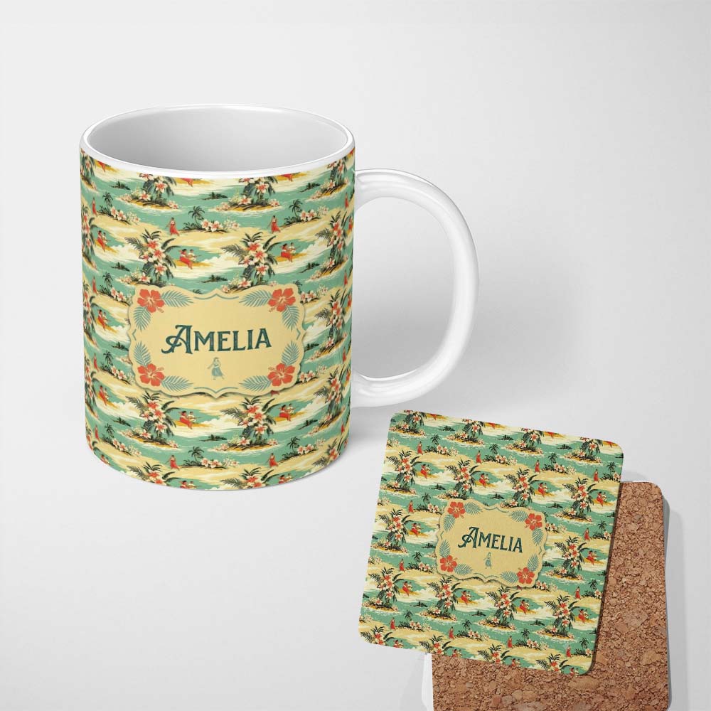 Personalized Custom Name Hawaiian Island Beach People Tropical Scene Seamless Pattern Name 11oz Ceramic Coffee Tea Mug White Large Handle