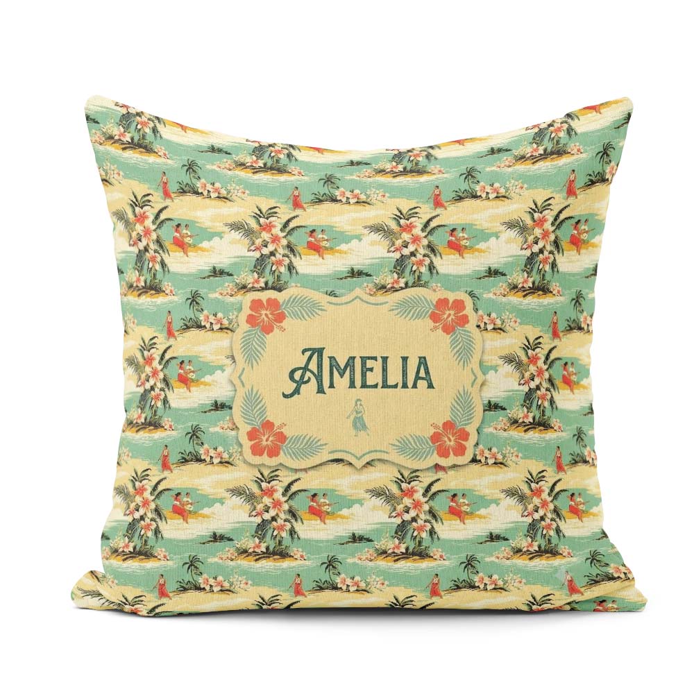 Custom Name Hawaiian Island Beach People Tropical Scene Seamless Square Filled Cushion Throw Pillow Sofa Bed Home Decor Zip Washable UK Made
