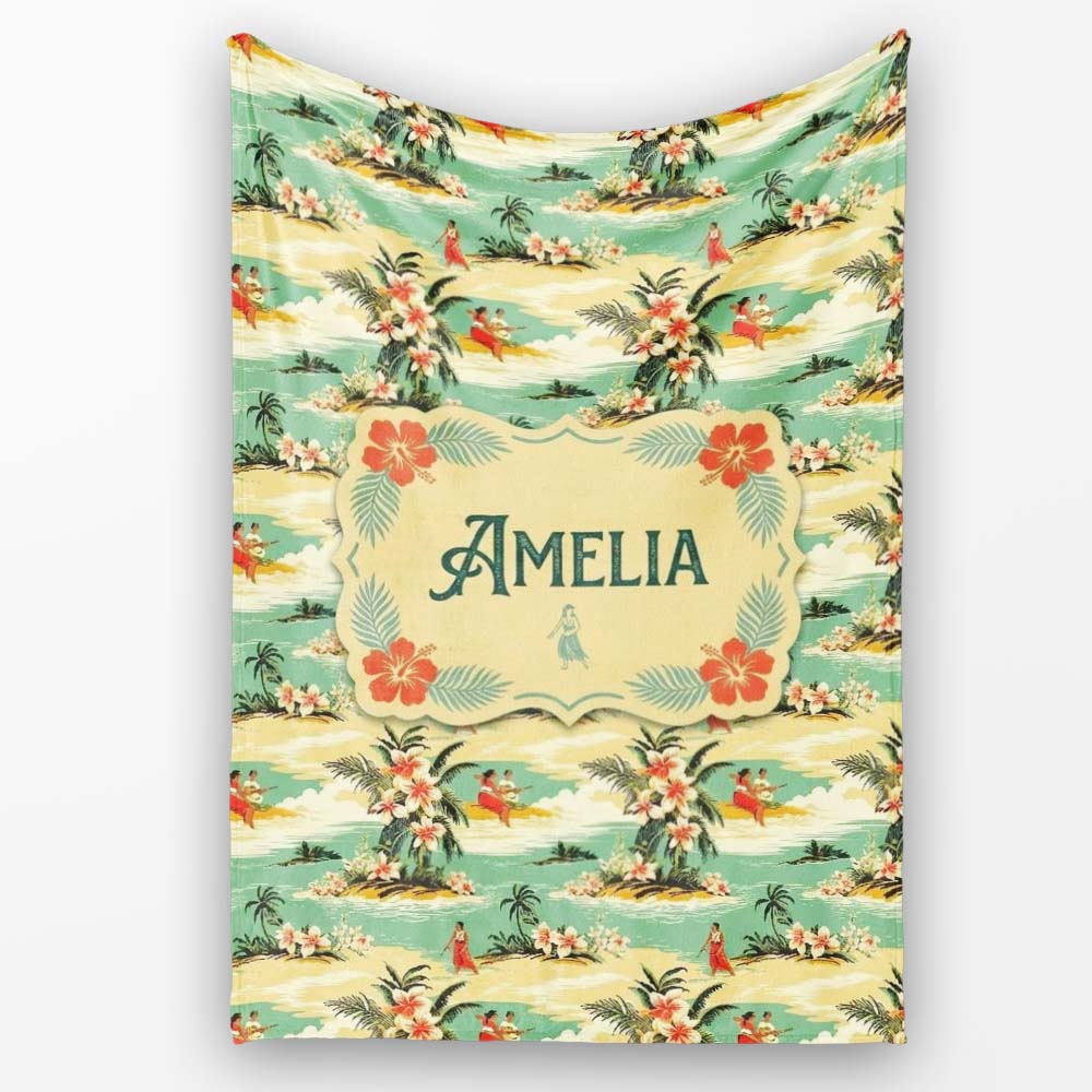 Hawaiian Island Beach People Tropical Scene Seamless Pattern Name Personalised Custom Name Super Soft Fleece Blanket Bed Sofa Throw