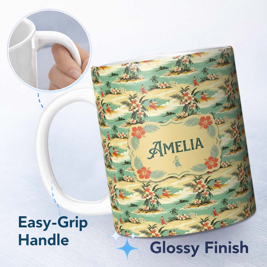 Personalized Custom Name Hawaiian Island Beach People Tropical Scene Seamless Pattern Name 11oz Ceramic Coffee Tea Mug White Large Handle