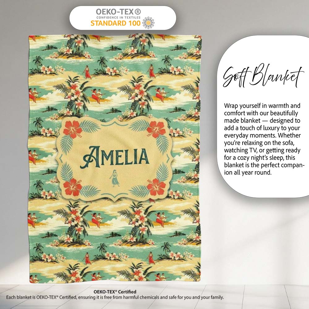 Hawaiian Island Beach People Tropical Scene Seamless Pattern Name Personalised Custom Name Super Soft Fleece Blanket Bed Sofa Throw