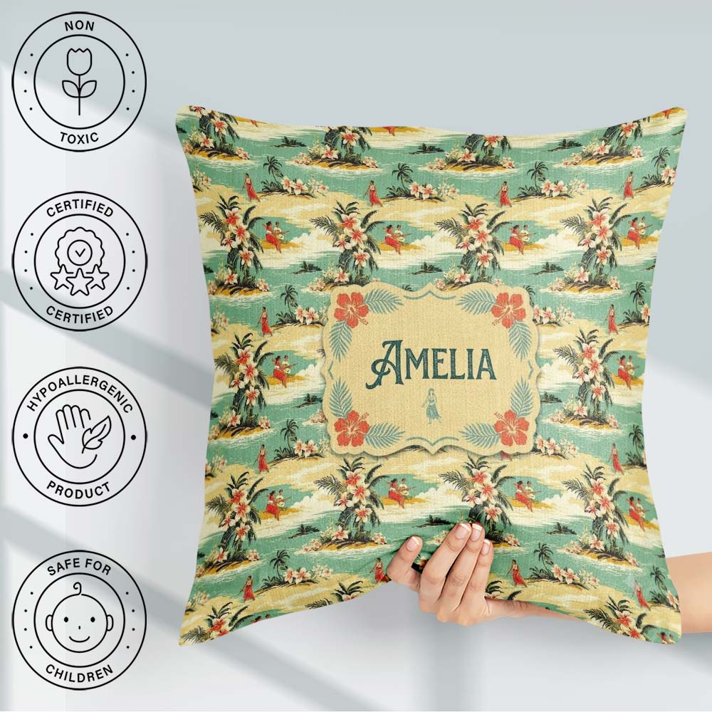 Custom Name Hawaiian Island Beach People Tropical Scene Seamless Square Filled Cushion Throw Pillow Sofa Bed Home Decor Zip Washable UK Made