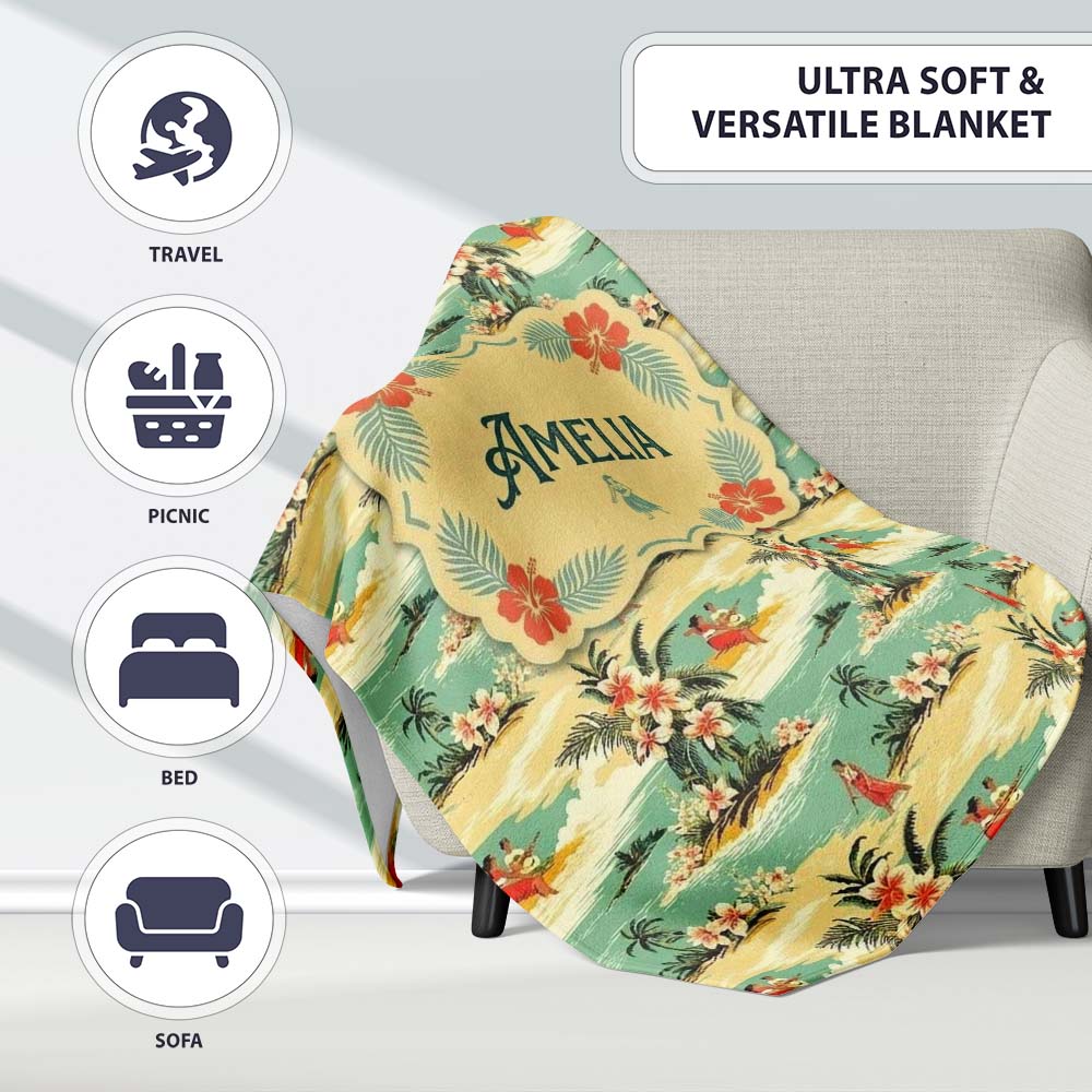 Hawaiian Island Beach People Tropical Scene Seamless Pattern Name Personalised Custom Name Super Soft Fleece Blanket Bed Sofa Throw