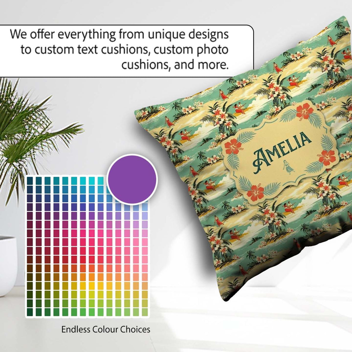 Custom Name Hawaiian Island Beach People Tropical Scene Seamless Square Filled Cushion Throw Pillow Sofa Bed Home Decor Zip Washable UK Made