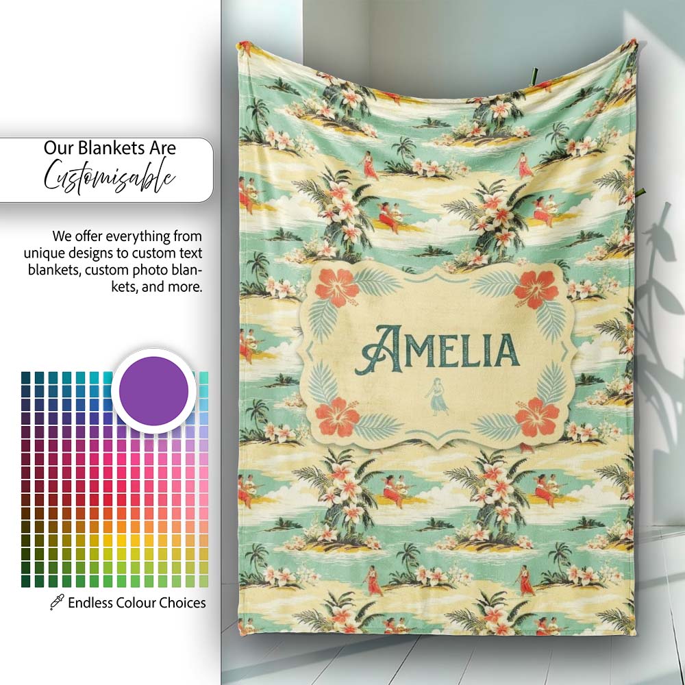 Hawaiian Island Beach People Tropical Scene Seamless Pattern Name Personalised Custom Name Super Soft Fleece Blanket Bed Sofa Throw