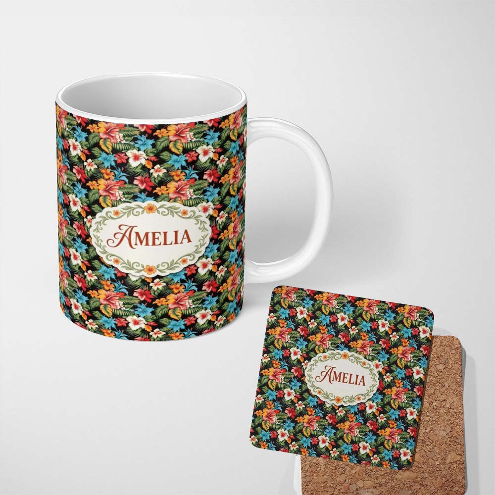 Personalized Custom Name Tropical Hibiscus Floral Leaves Seamless Pattern Art Name Cute 11oz Ceramic Coffee Tea Mug White Large Handle