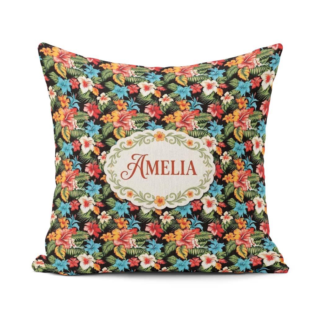 Custom Name Tropical Hibiscus Floral Leaves Seamless Pattern Art Square Filled Cushion Throw Pillow Sofa Bed Home Decor Zip Washable UK Made