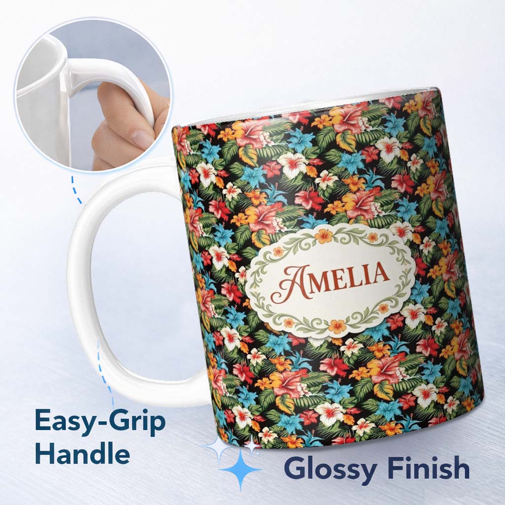 Personalized Custom Name Tropical Hibiscus Floral Leaves Seamless Pattern Art Name Cute 11oz Ceramic Coffee Tea Mug White Large Handle