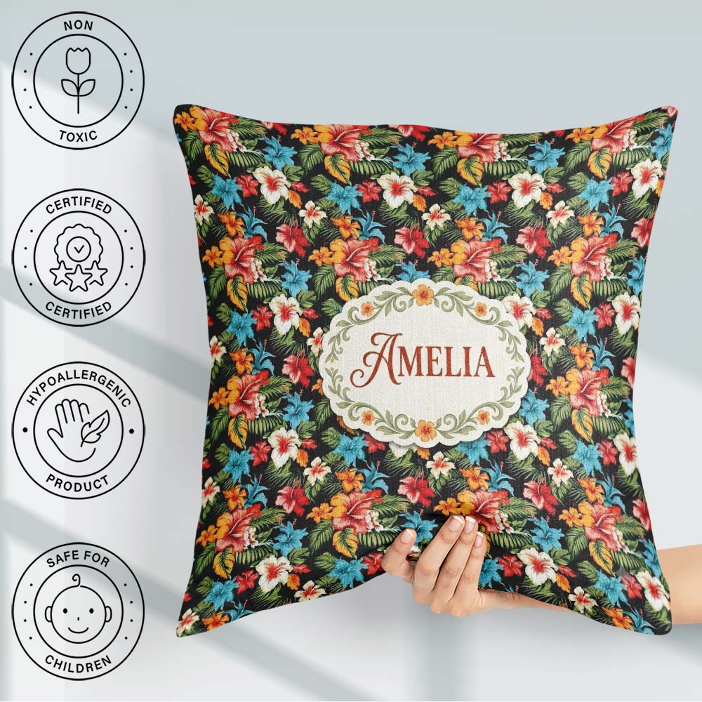 Custom Name Tropical Hibiscus Floral Leaves Seamless Pattern Art Square Filled Cushion Throw Pillow Sofa Bed Home Decor Zip Washable UK Made