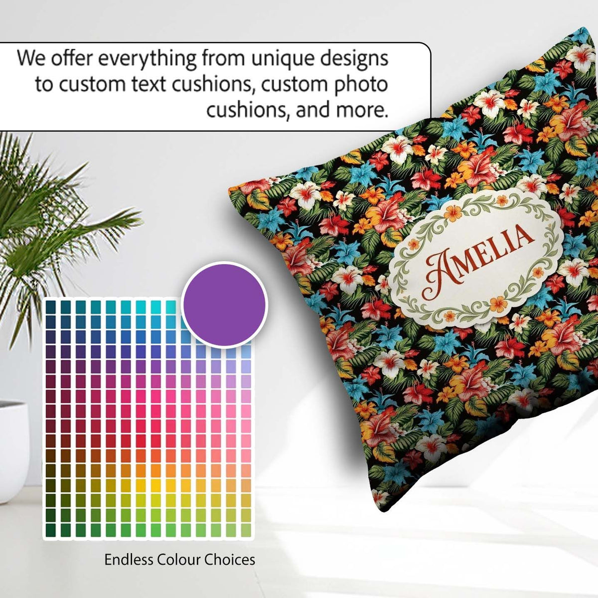 Custom Name Tropical Hibiscus Floral Leaves Seamless Pattern Art Square Filled Cushion Throw Pillow Sofa Bed Home Decor Zip Washable UK Made