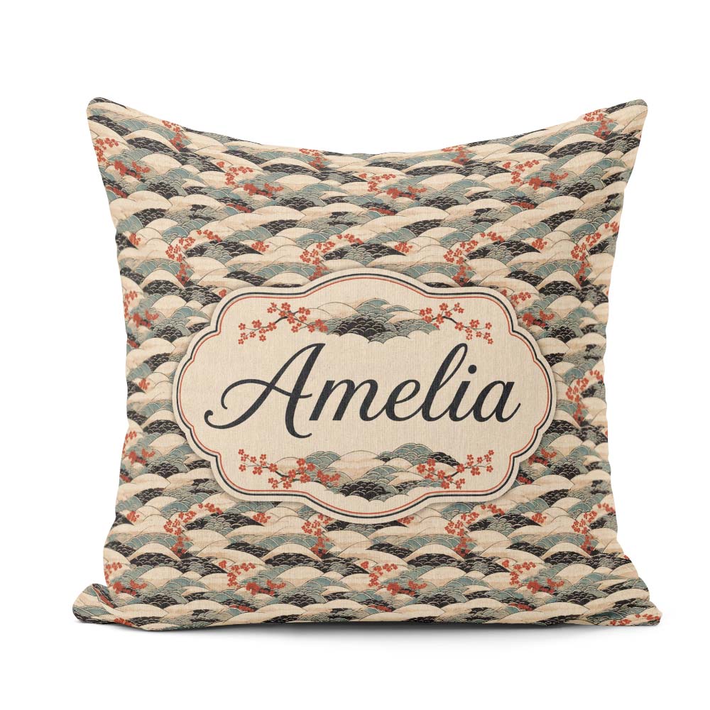 Custom Name Japanese Wave Hills Sakura Blossom Seamless Art Name Square Filled Cushion Throw Pillow Sofa Bed Home Decor Zip Washable UK Made