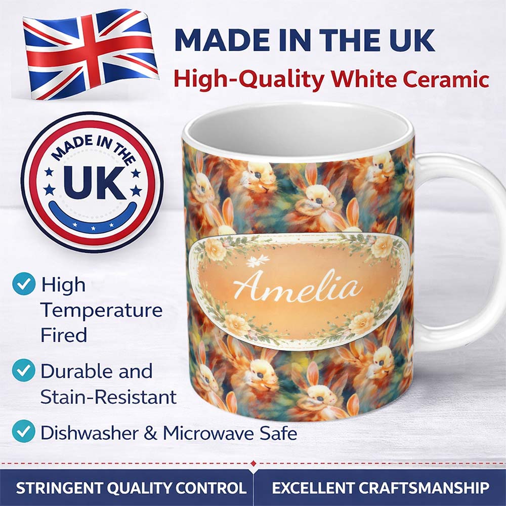Personalized Custom Name Colorful Artistic Bunny Abstract Seamless Pattern Cute Unique Gift 11oz Ceramic Coffee Tea Mug White Large Handle