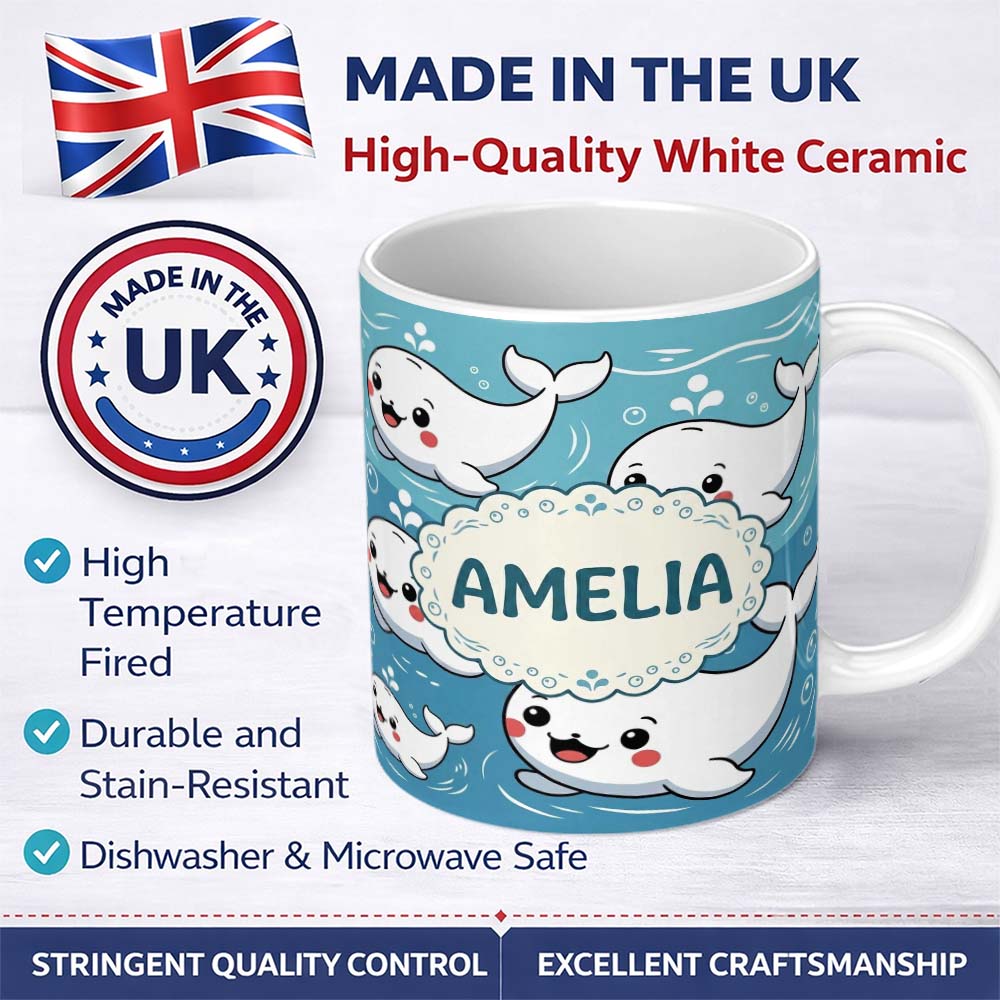 Personalized Custom Name Cute Baby Whales Ocean Waves Bubbles Marine Seamless Pattern Lovely 11oz Ceramic Coffee Tea Mug White Large Handle
