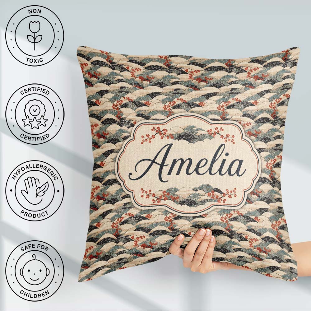 Custom Name Japanese Wave Hills Sakura Blossom Seamless Art Name Square Filled Cushion Throw Pillow Sofa Bed Home Decor Zip Washable UK Made