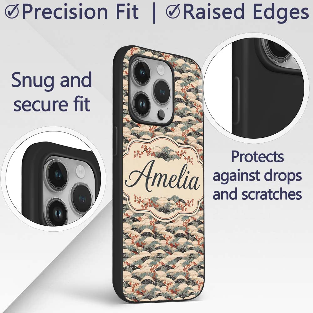 Japanese Wave Hills Sakura Blossom Printed Design Custom Name Protective Phone Case Mobile Cover Durable Everyday Smartphone Shock Resistant