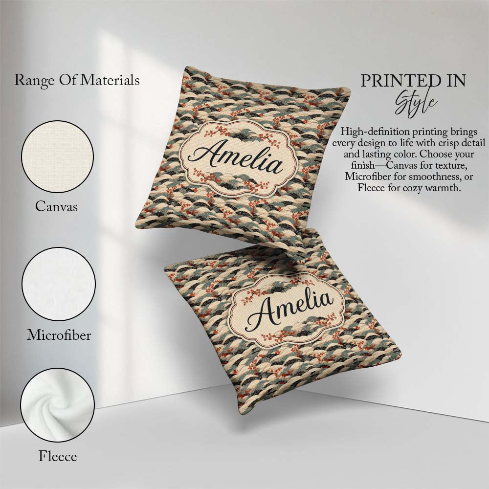 Custom Name Japanese Wave Hills Sakura Blossom Seamless Art Name Square Filled Cushion Throw Pillow Sofa Bed Home Decor Zip Washable UK Made
