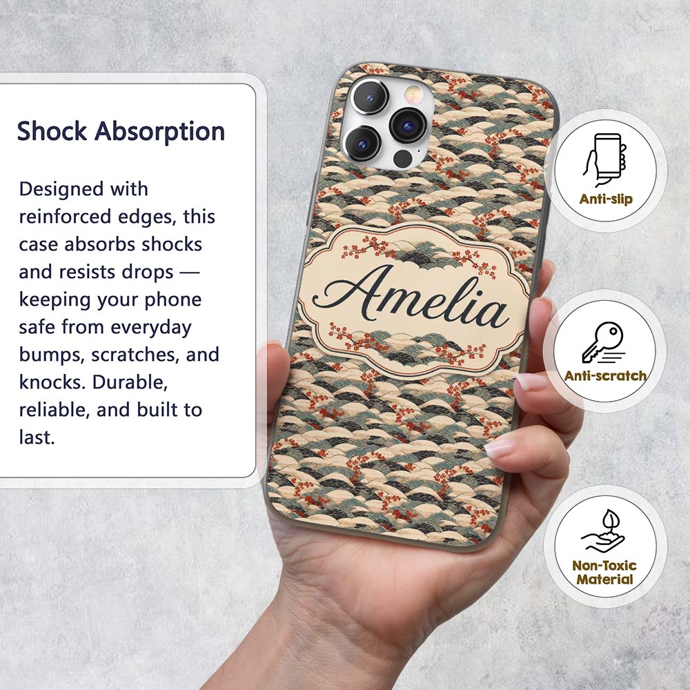 Japanese Wave Hills Sakura Blossom Printed Design Custom Name Protective Phone Case Mobile Cover Durable Everyday Smartphone Shock Resistant