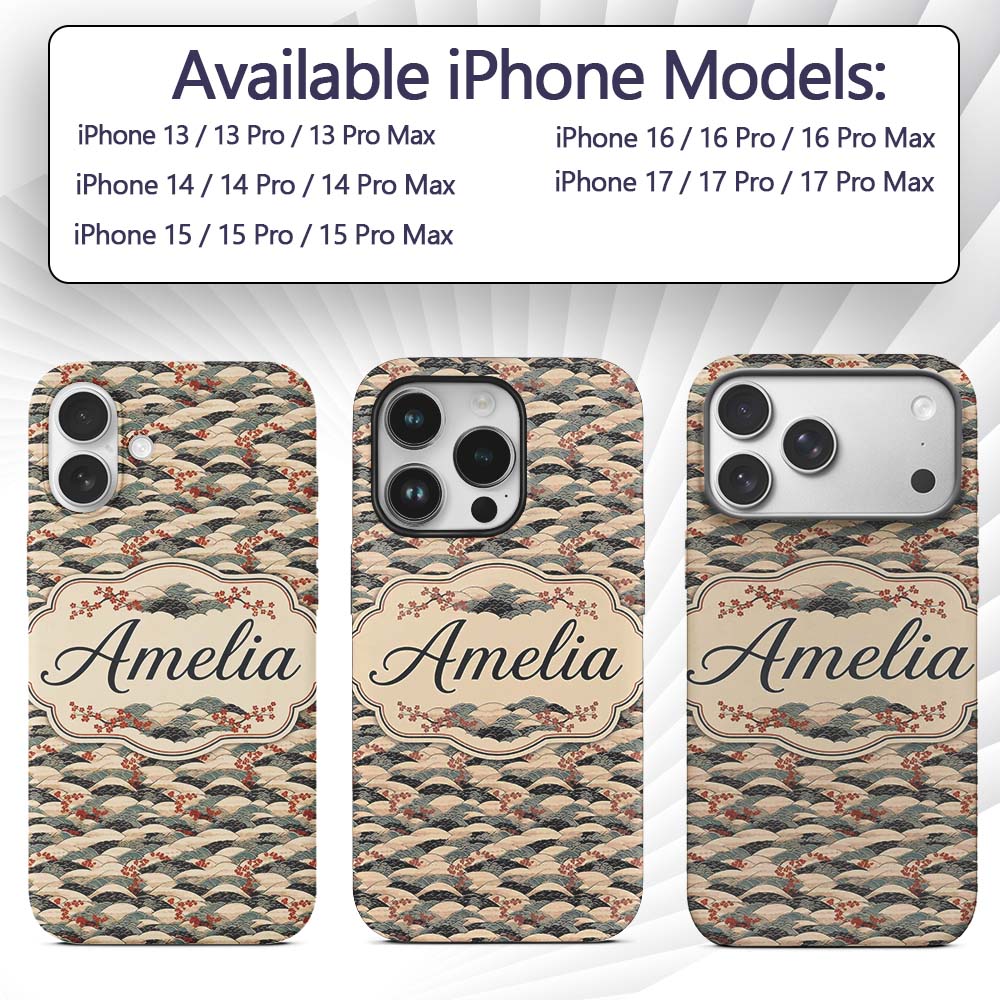 Japanese Wave Hills Sakura Blossom Printed Design Custom Name Protective Phone Case Mobile Cover Durable Everyday Smartphone Shock Resistant