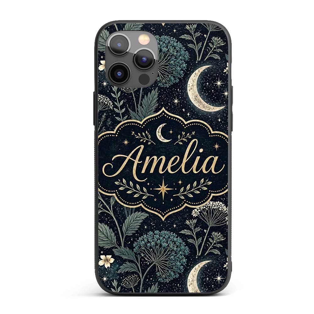 Dark Botanical Moon Stars Night Meadow Seamless Custom Name Protective Phone Case Mobile Cover Durable Everyday Smartphone Shock Resistant