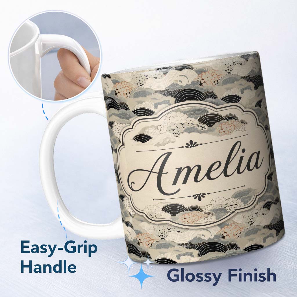 Personalized Custom Name Elegant Ocean Waves Neutral Tones Seamless Pattern Art Name Cute 11oz Ceramic Coffee Tea Mug White Large Handle