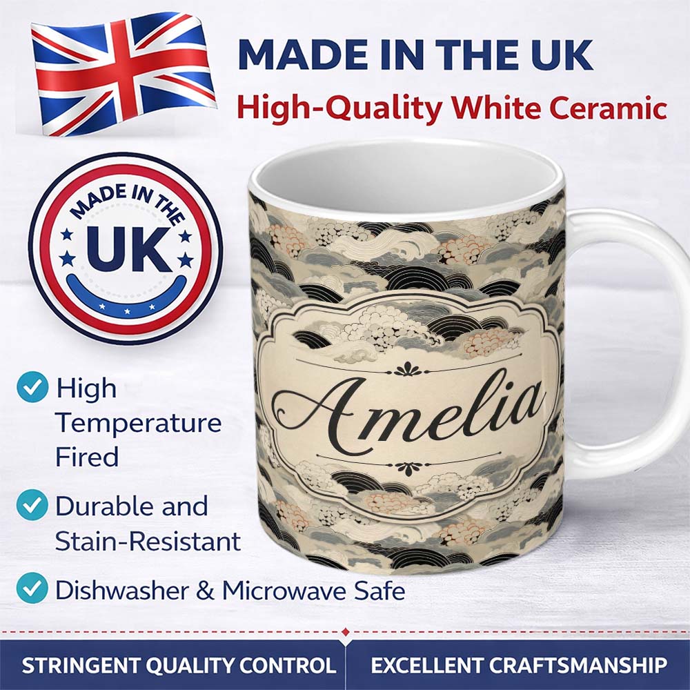 Personalized Custom Name Elegant Ocean Waves Neutral Tones Seamless Pattern Art Name Cute 11oz Ceramic Coffee Tea Mug White Large Handle