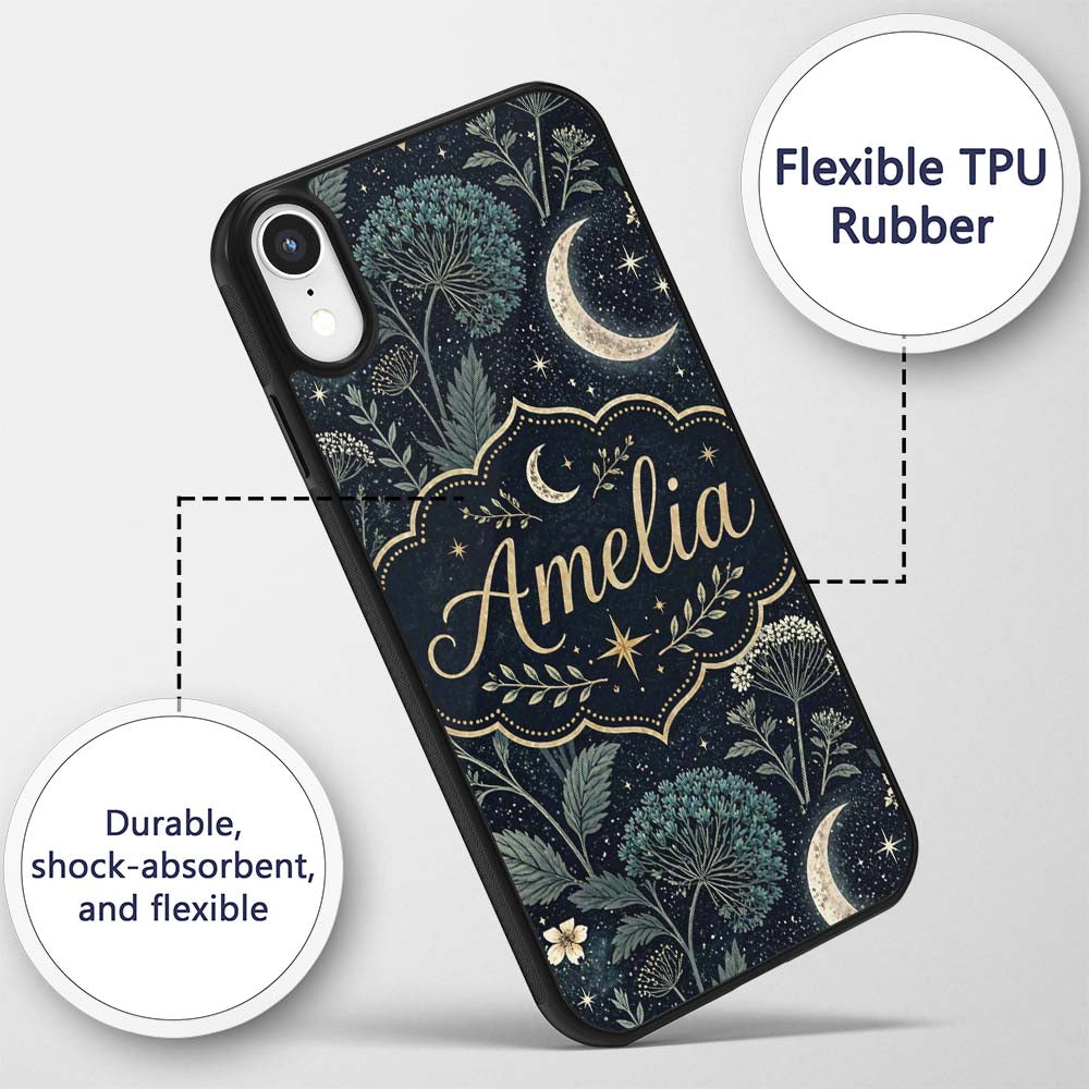 Dark Botanical Moon Stars Night Meadow Seamless Custom Name Protective Phone Case Mobile Cover Durable Everyday Smartphone Shock Resistant