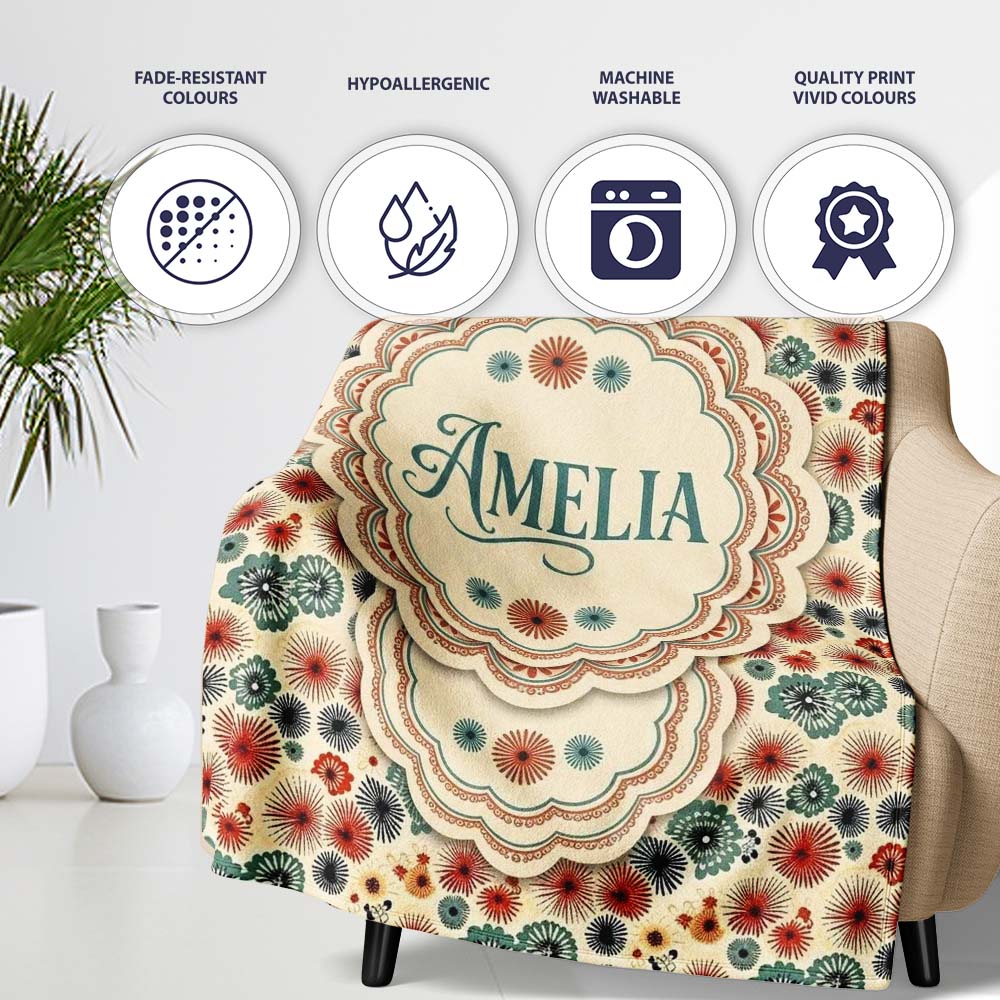 Floral Burst Ditsy Flowers Seamless Pattern Art Name Cute Unique Personalised Custom Name Super Soft Fleece Blanket Bed Sofa Throw