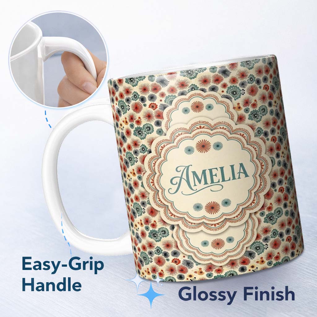 Personalized Custom Name Floral Burst Ditsy Flowers Seamless Pattern Art Name Cute Unique 11oz Ceramic Coffee Tea Mug White Large Handle