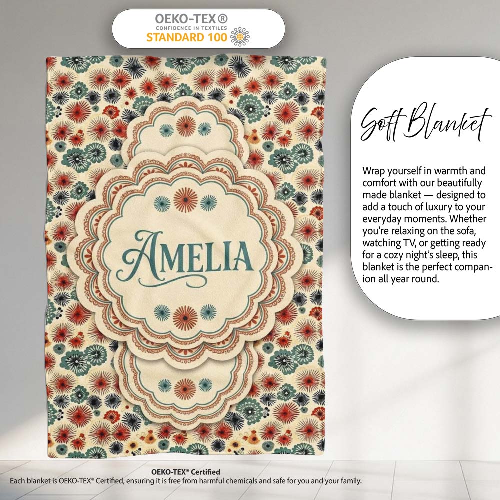 Floral Burst Ditsy Flowers Seamless Pattern Art Name Cute Unique Personalised Custom Name Super Soft Fleece Blanket Bed Sofa Throw