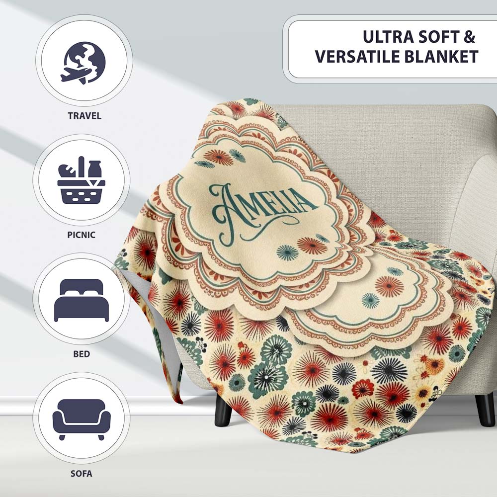 Floral Burst Ditsy Flowers Seamless Pattern Art Name Cute Unique Personalised Custom Name Super Soft Fleece Blanket Bed Sofa Throw
