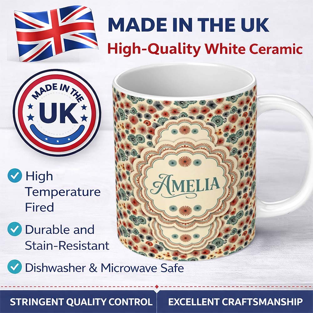 Personalized Custom Name Floral Burst Ditsy Flowers Seamless Pattern Art Name Cute Unique 11oz Ceramic Coffee Tea Mug White Large Handle