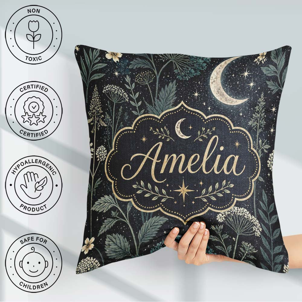 Custom Name Dark Moon Stars Night Meadow Seamless Pattern Lovely Square Filled Cushion Throw Pillow Sofa Bed Home Decor Zip Washable UK Made