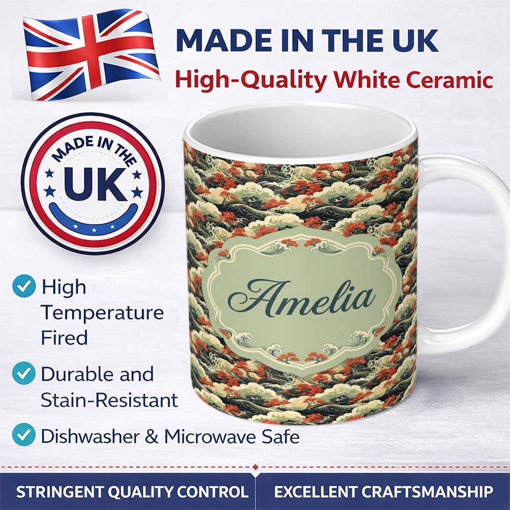 Personalized Custom Name Classic Japanese Waves Red Blossom Seamless Pattern Art Name Cute 11oz Ceramic Coffee Tea Mug White Large Handle
