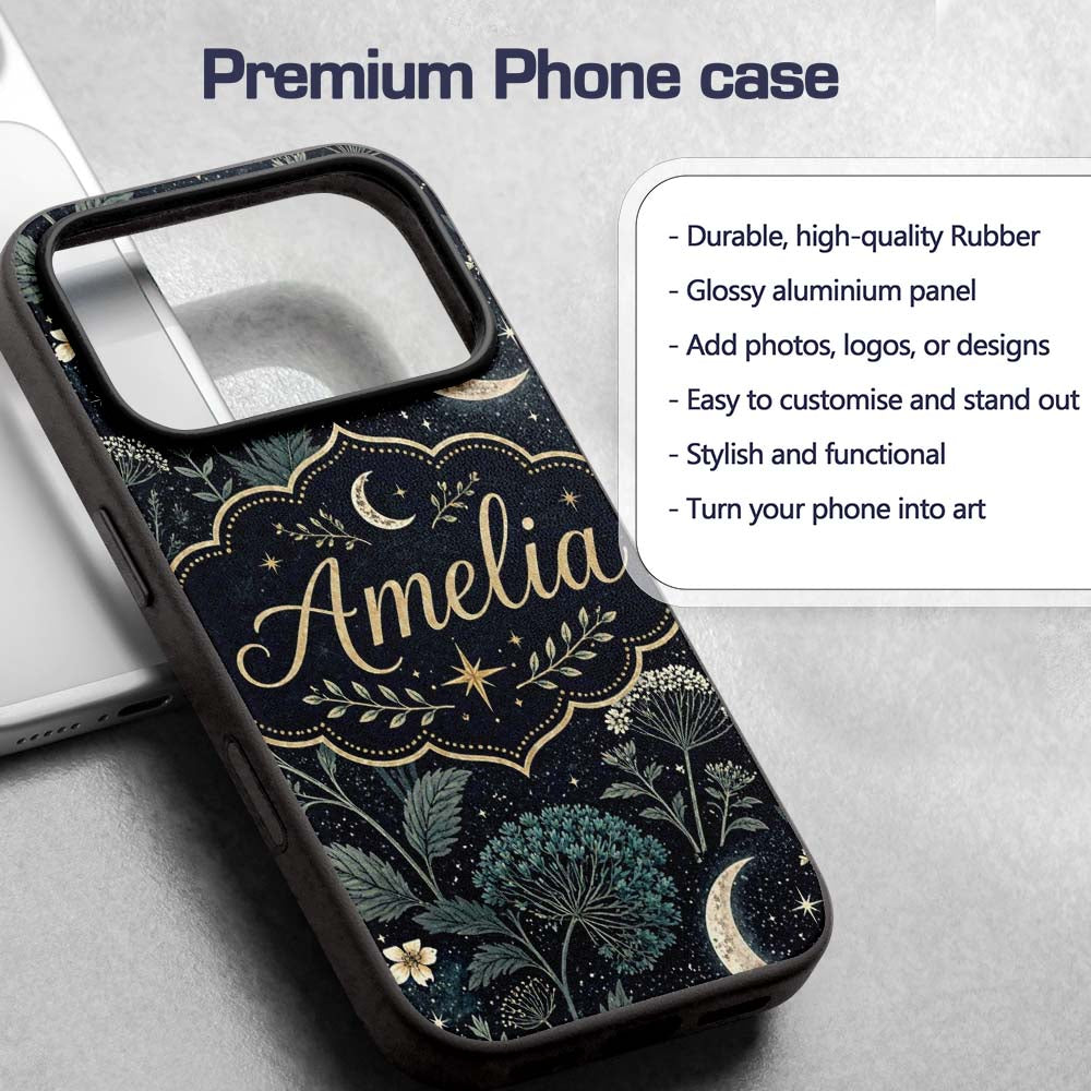 Dark Botanical Moon Stars Night Meadow Seamless Custom Name Protective Phone Case Mobile Cover Durable Everyday Smartphone Shock Resistant