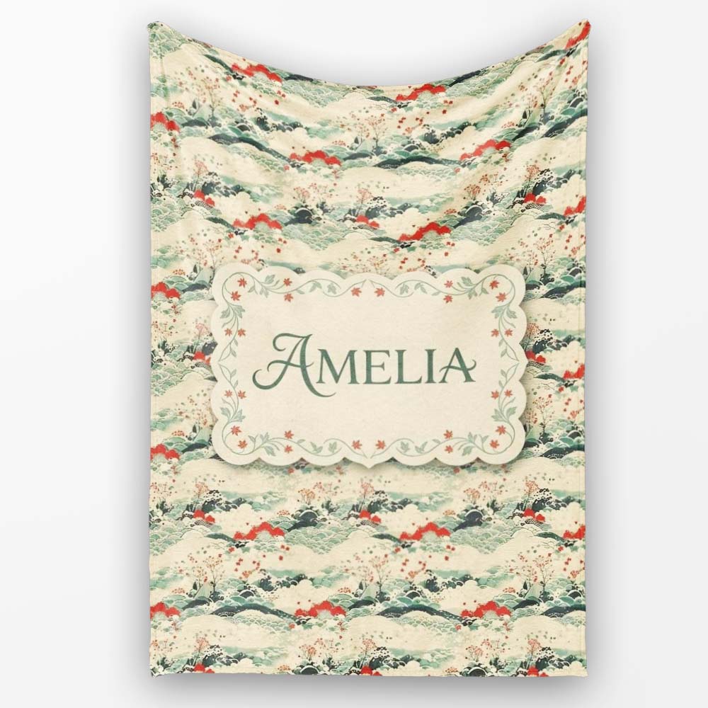 Soft Landscape Waves Trees Scenic Seamless Pattern Art Name Cute Personalised Custom Name Super Soft Fleece Blanket Bed Sofa Throw