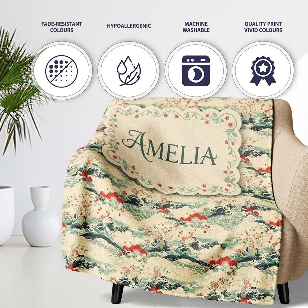 Soft Landscape Waves Trees Scenic Seamless Pattern Art Name Cute Personalised Custom Name Super Soft Fleece Blanket Bed Sofa Throw