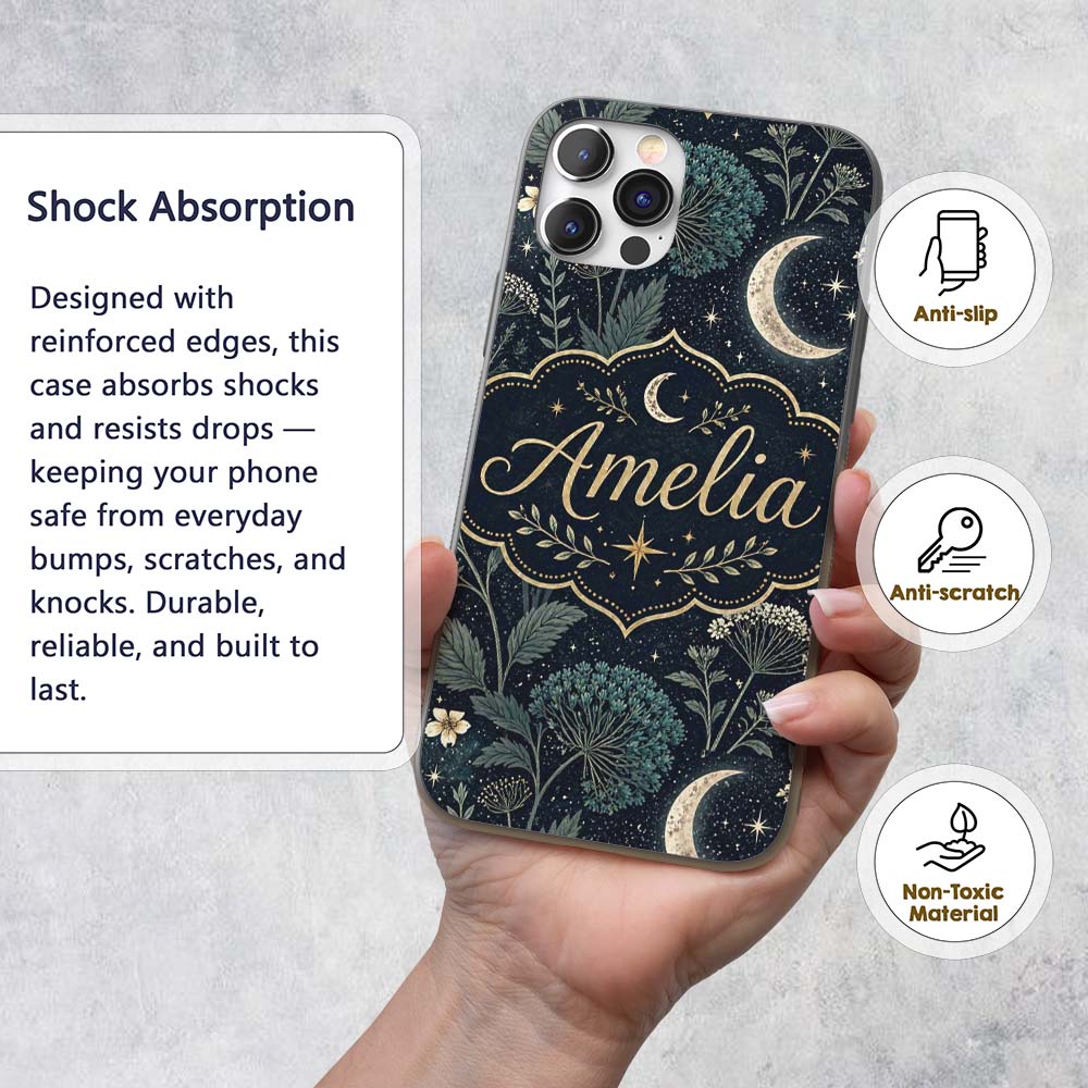 Dark Botanical Moon Stars Night Meadow Seamless Custom Name Protective Phone Case Mobile Cover Durable Everyday Smartphone Shock Resistant